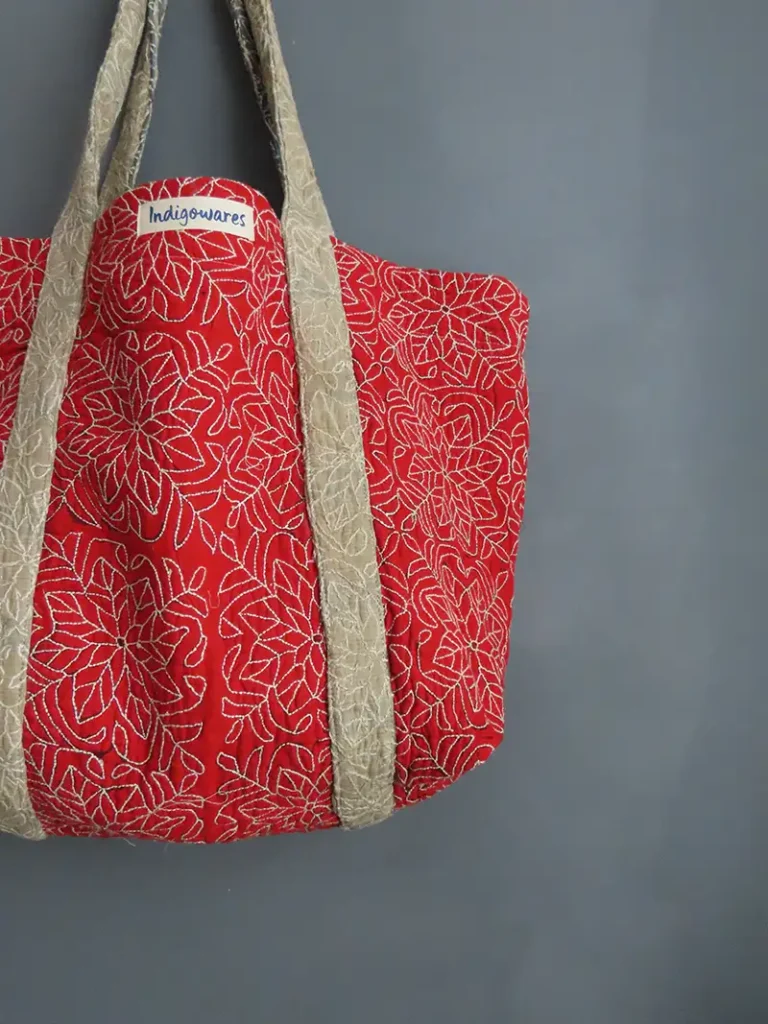 ZOOM IN OF KANTHA FABRIC TOTE BAG