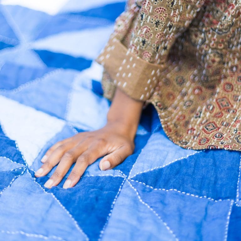 blue patchwork quilt