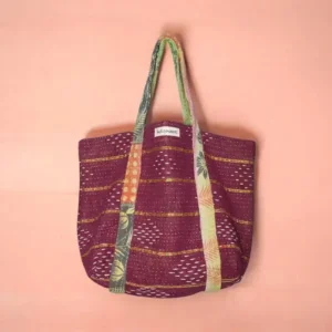 oxblood red kantha fabric tote bag