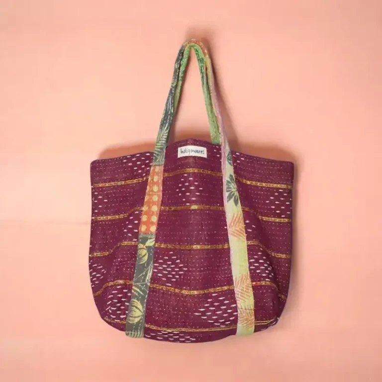 oxblood red kantha fabric tote bag
