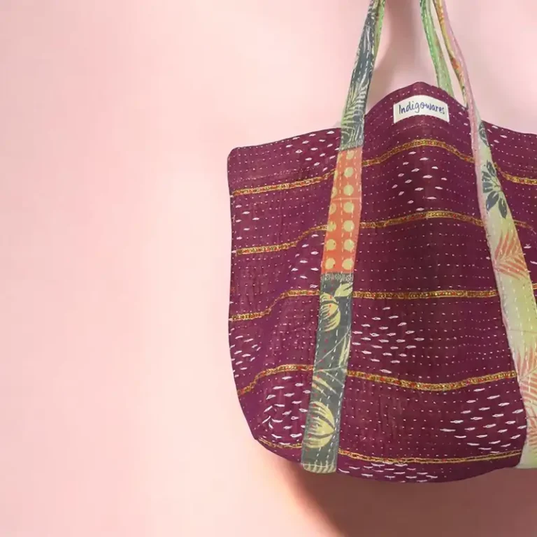 close up of large kantha stitched tote bag