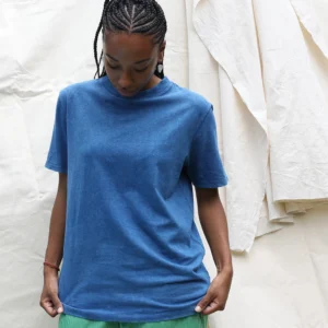 woman wearing a natural indigo t shirt