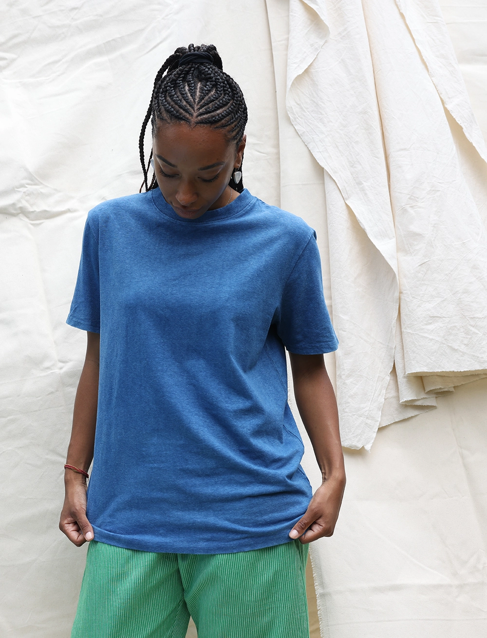woman wearing a natural indigo t shirt