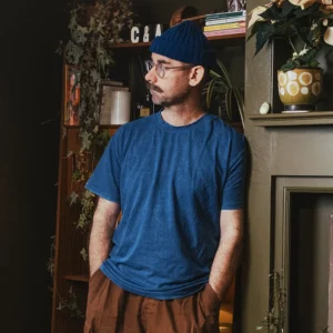 man wearing a natural indigo t shirt