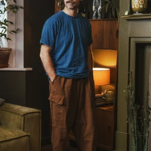man wearing a natural indigo t shirt