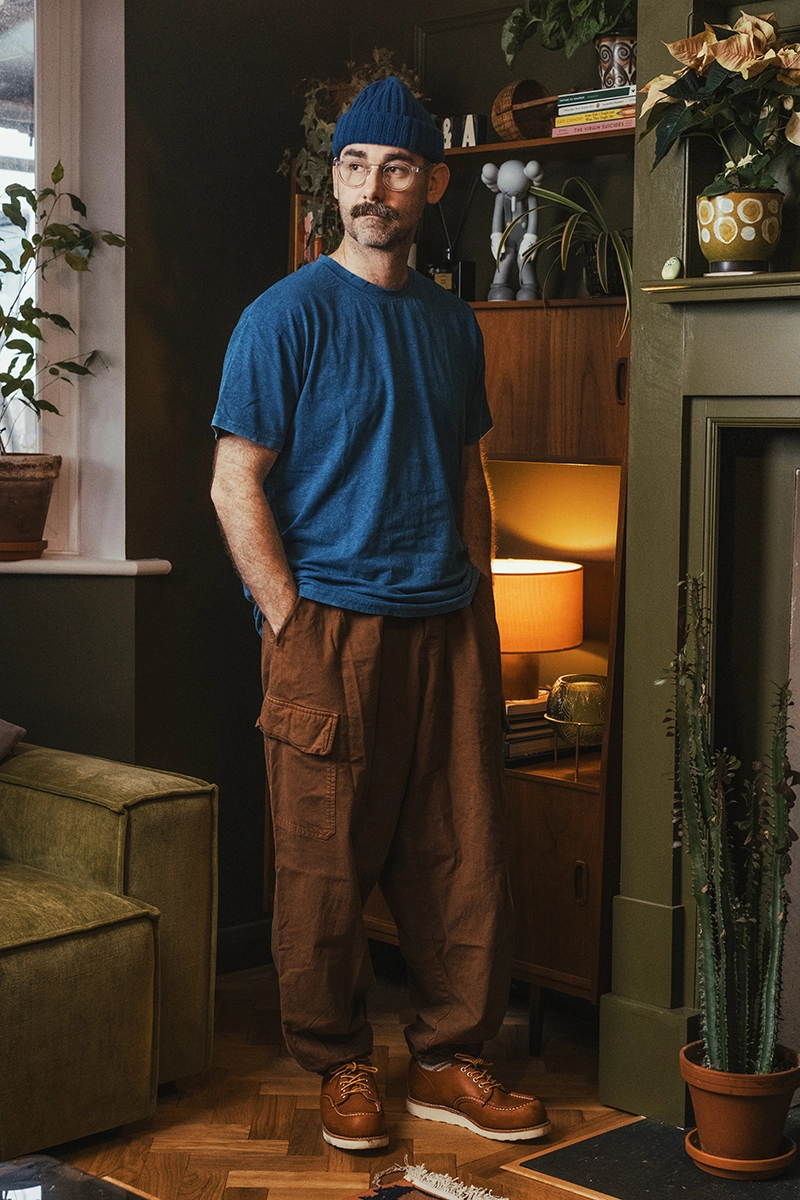 man wearing a natural indigo t shirt