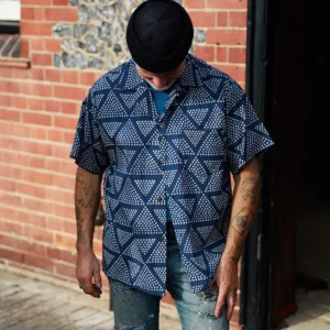 man wearing short sleeve block printed cotton shirt