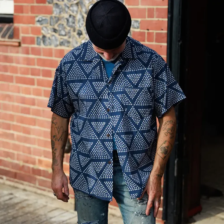 man wearing short sleeve block printed cotton shirt