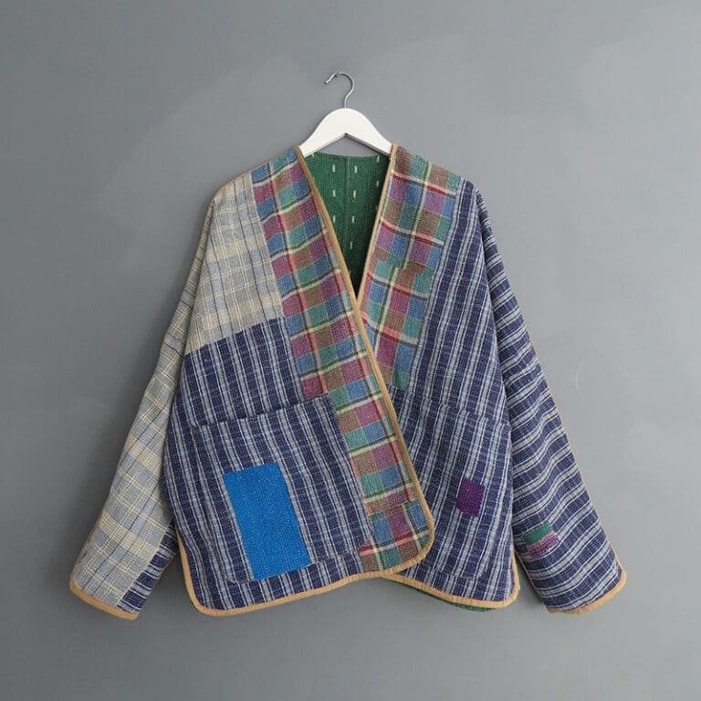 blue checker kantha jacket