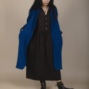 dark brown dress with blue wool over jacket