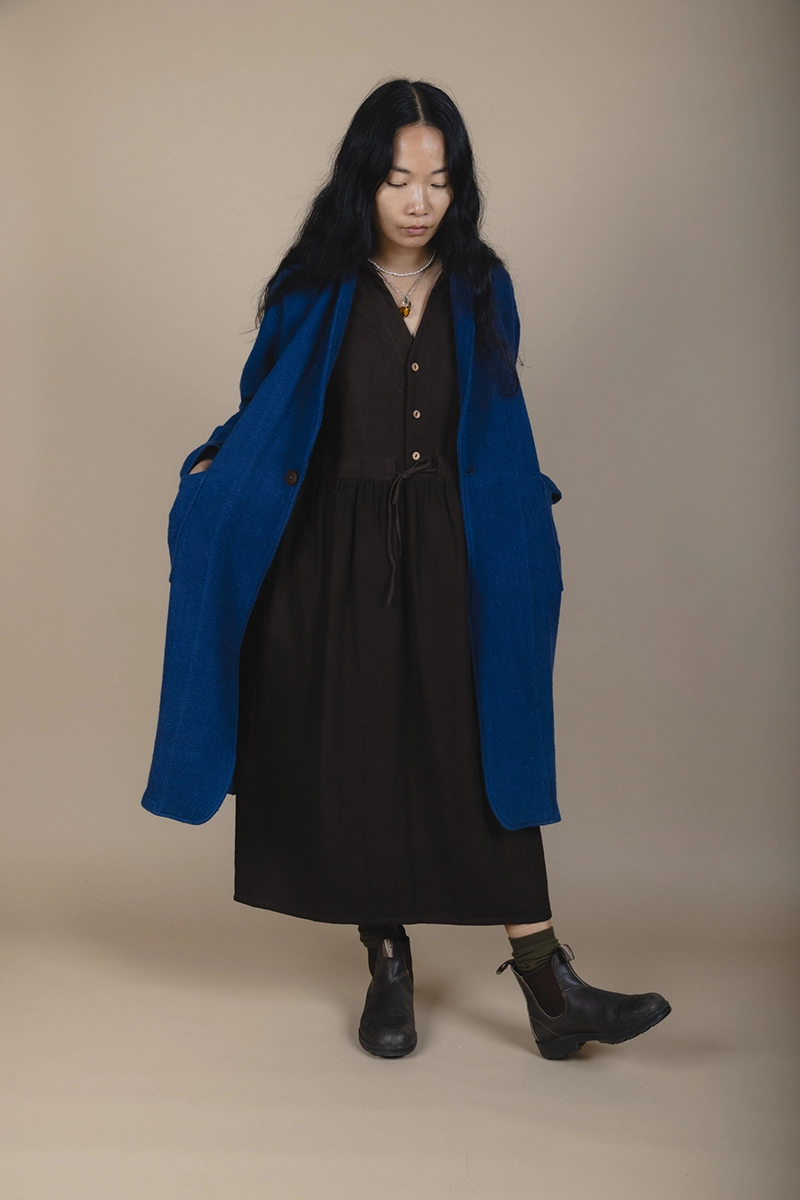 dark brown dress with blue wool over jacket