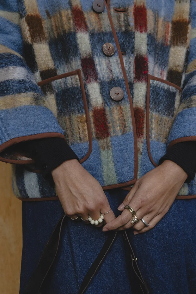 zoom in details of a blue check blanket jacket