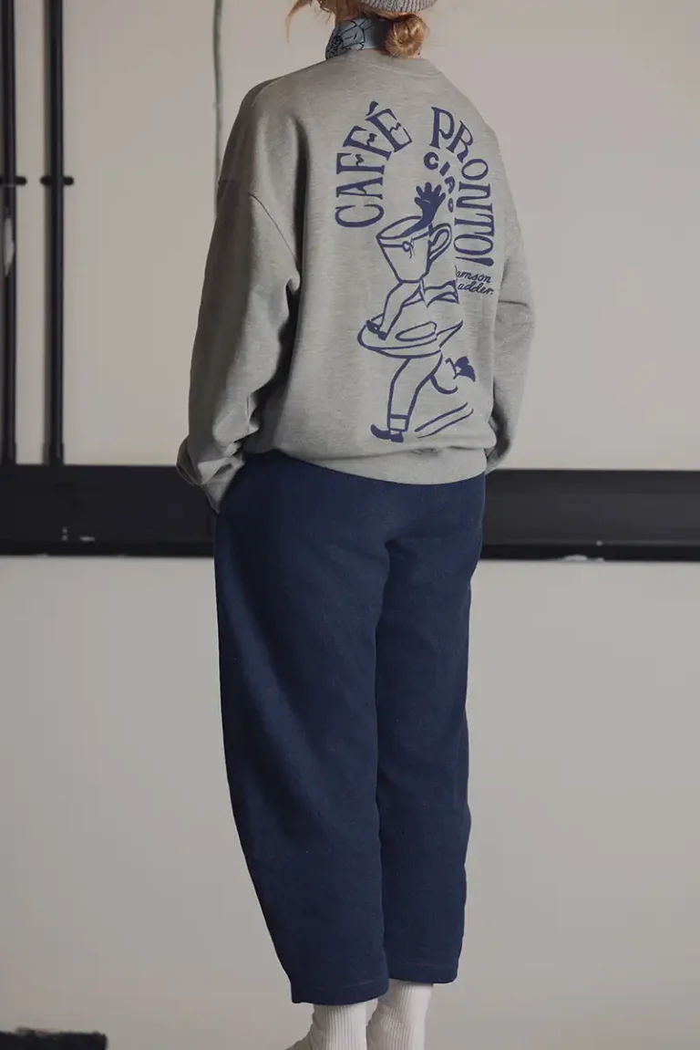 back view of denim pull on trousers