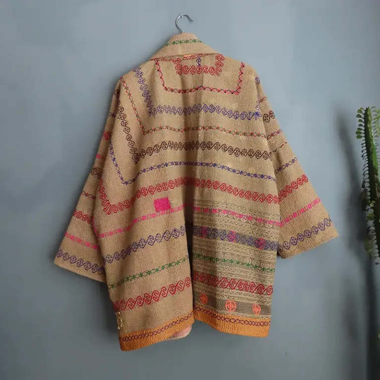 long brown kantha fabric jacket