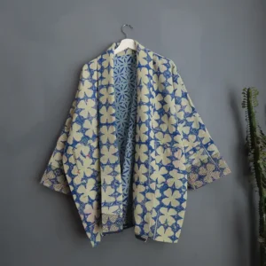 blue and white kantha jacket