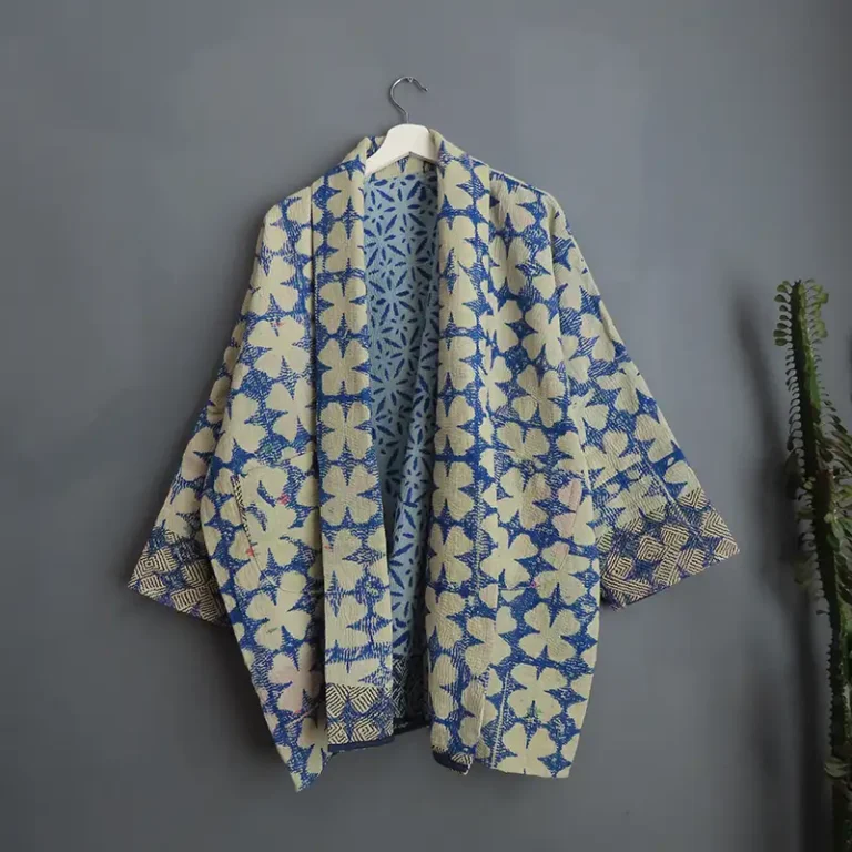 blue and white kantha jacket