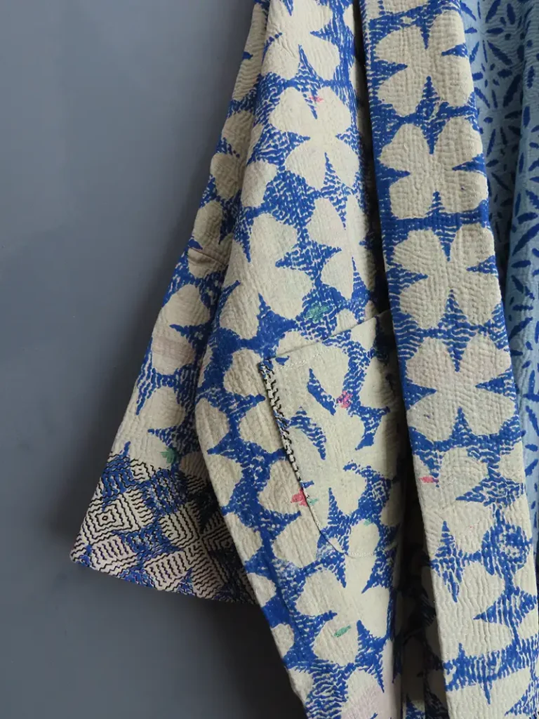 blue and white kantha jacket