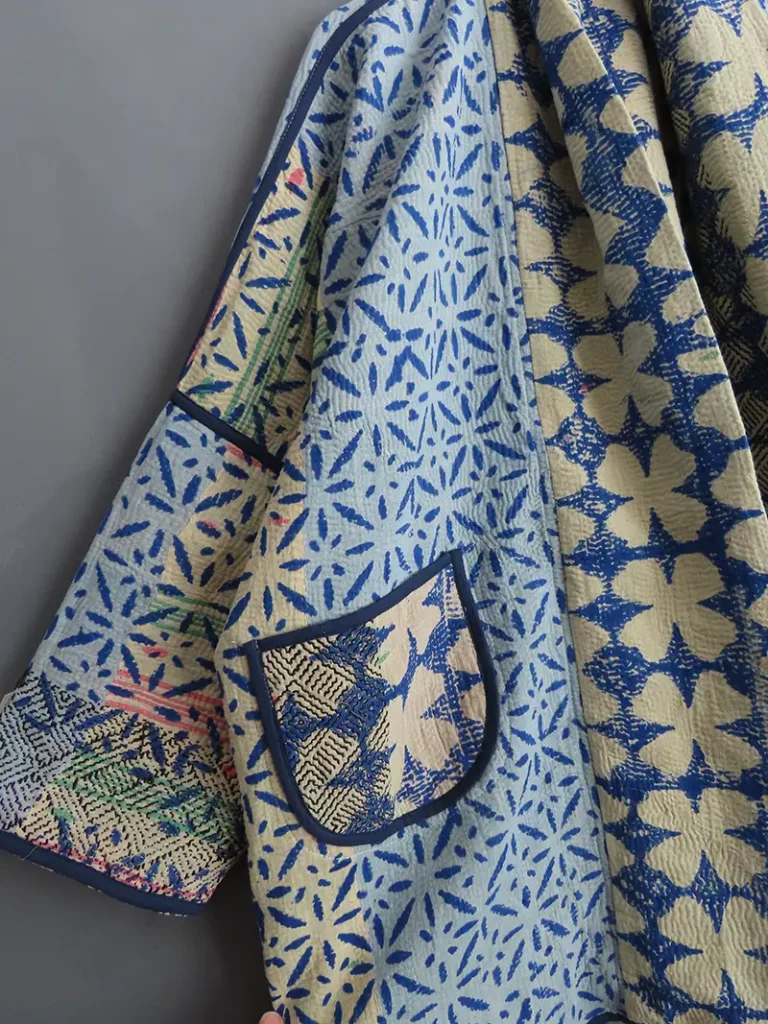 BLUE AND WHITE LONG KANTHA JACKET