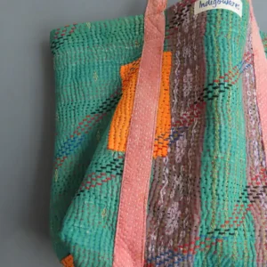 zoom in of vintage kantha fabric tote bag