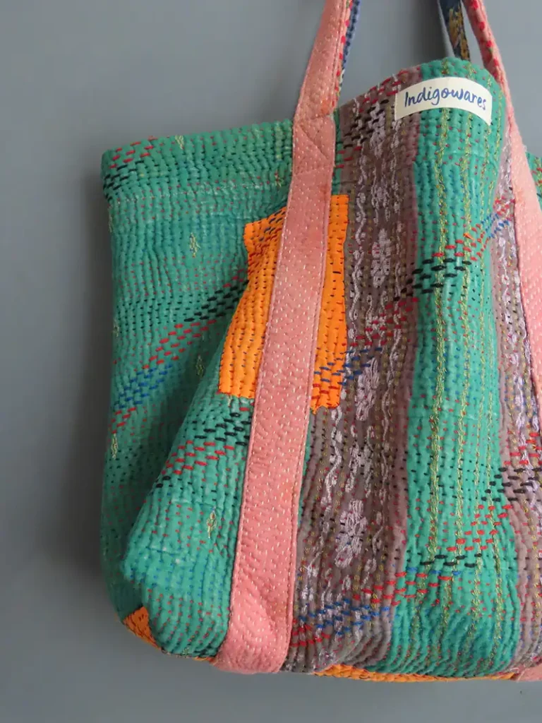 zoom in of vintage kantha fabric tote bag