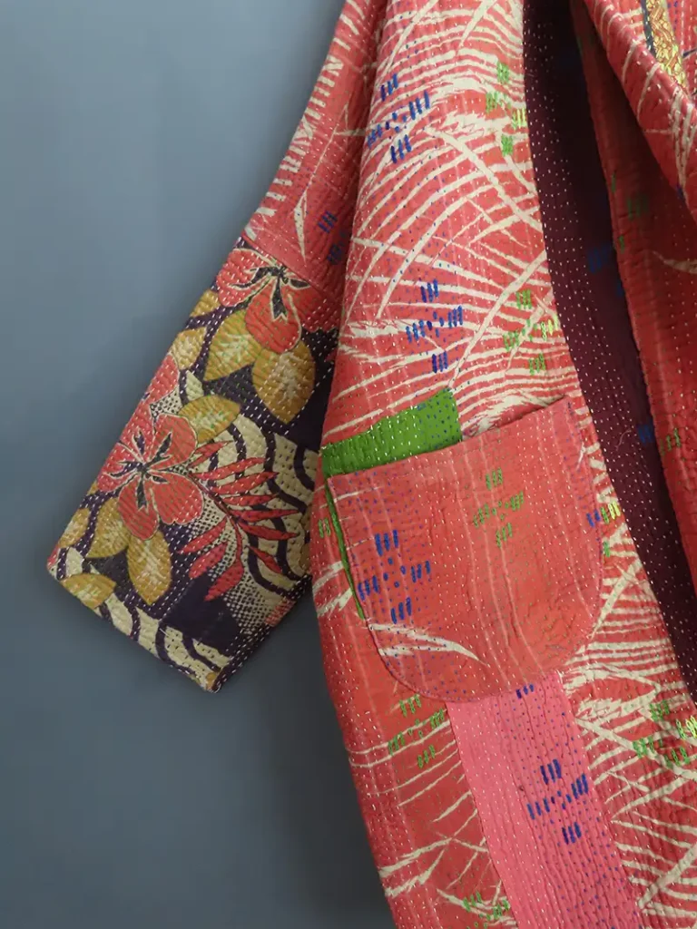 zoom in of kantha fabrc jacket details