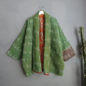 green long kantha stitched jacket