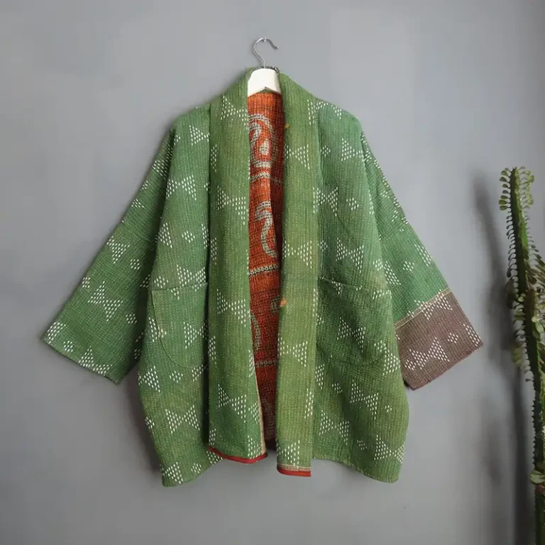 green long kantha stitched jacket
