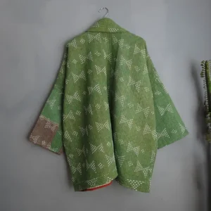 back of green kantha jacket