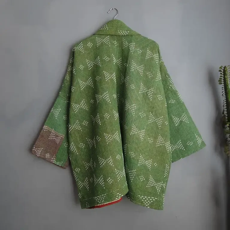 back of green kantha jacket