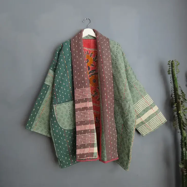 green patchwork kantha fabric jacket