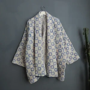 blue and white long kantha jacket