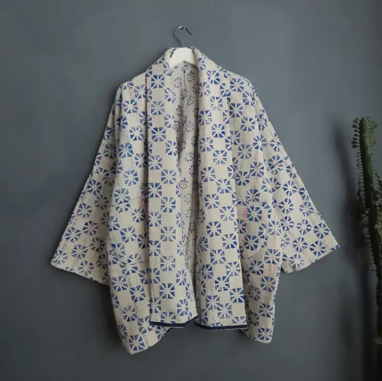blue and white long kantha jacket