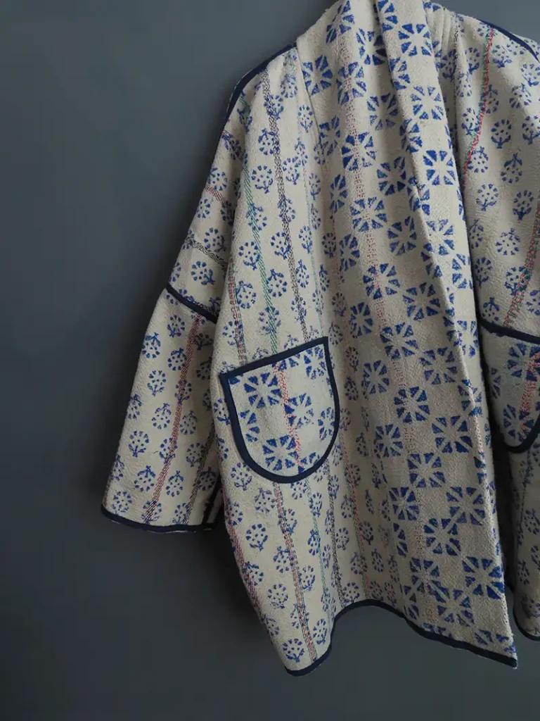 blue and white kantha fabric jacket