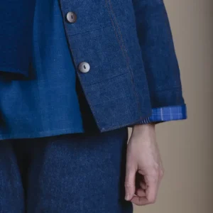 zoom in button details of denim patchwork jacket