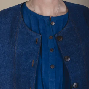 zoom in details of denim patchwork jacket
