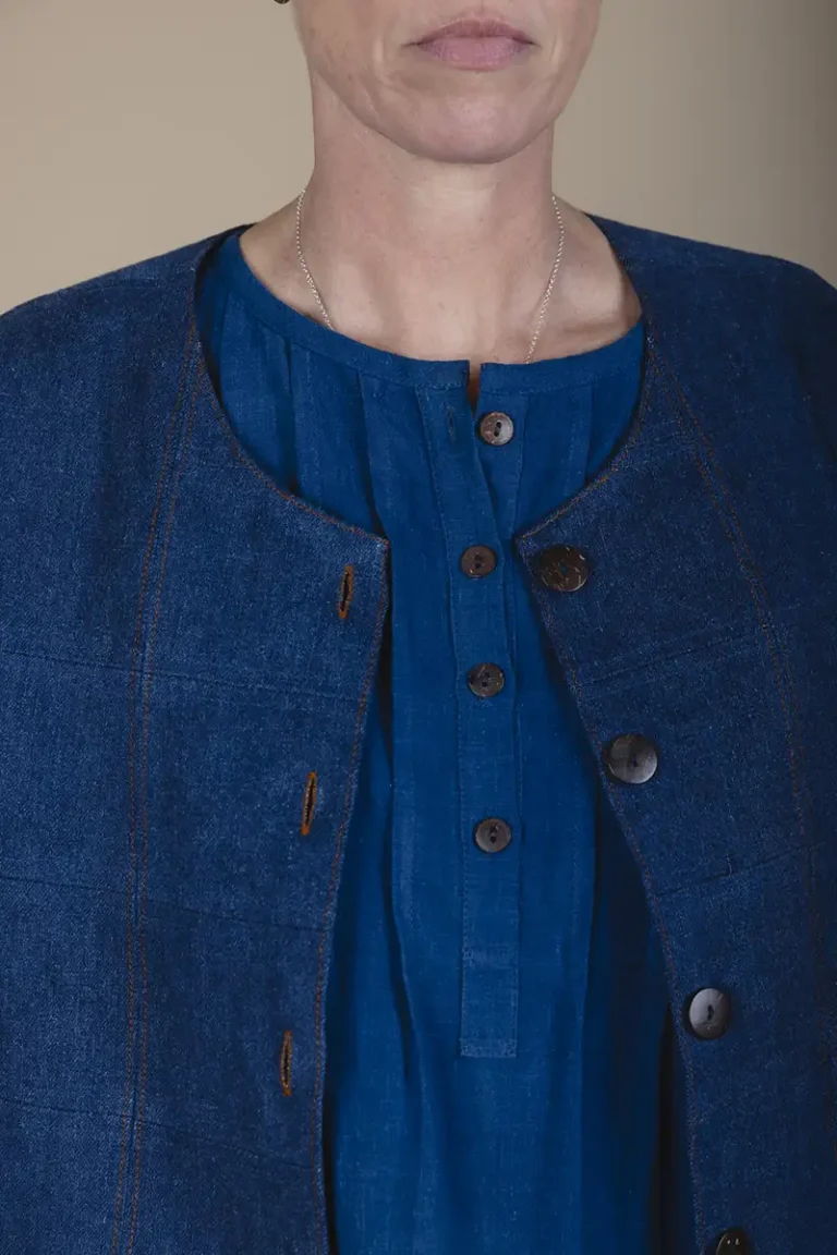 zoom in details of denim patchwork jacket