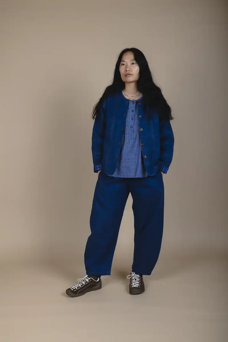 full length shot of patchwork denim jacket