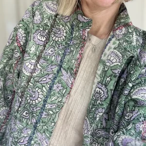 zoom in of floral kantha quilted jacket