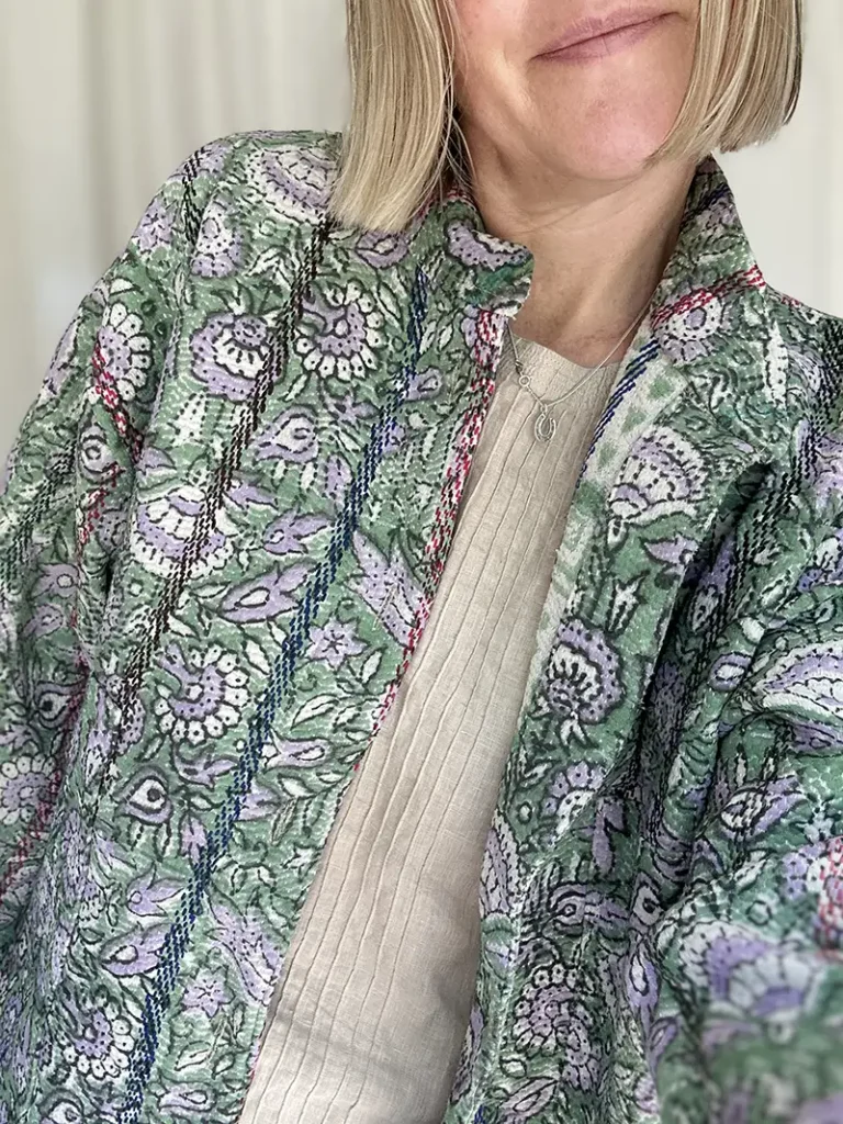 zoom in of floral kantha quilted jacket