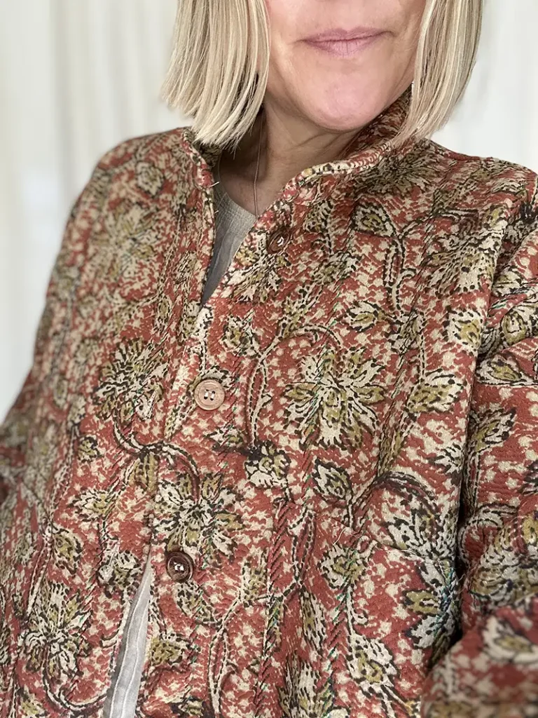 zoom in of floral kantha quilted jacket