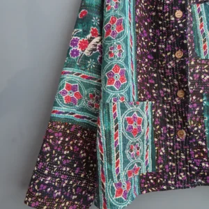 zoom in details of kantha fabric chore jacket