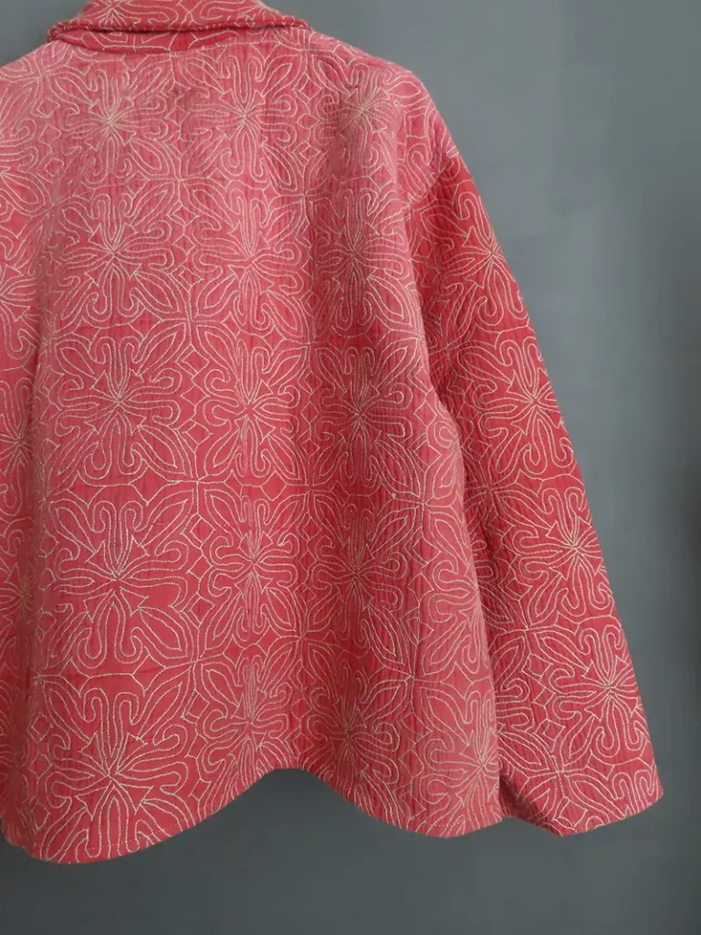 back view of pink kantha jacket