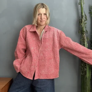 large pink kantha jacket with buttons