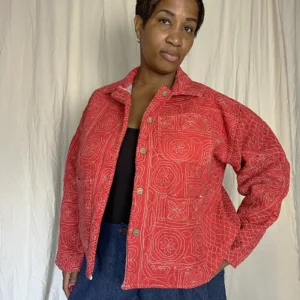 woman wearing pink kantha chore jacket