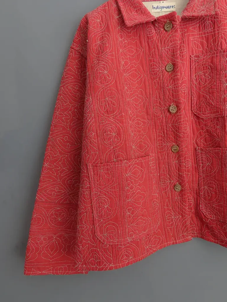 close up detail of kantha fabric embroidery