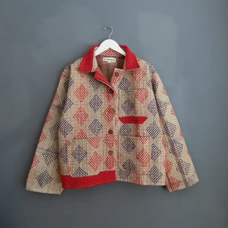 red and blue kantha chore jacket