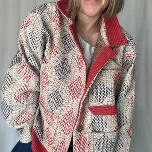 woman wearing a kantha chore jacket