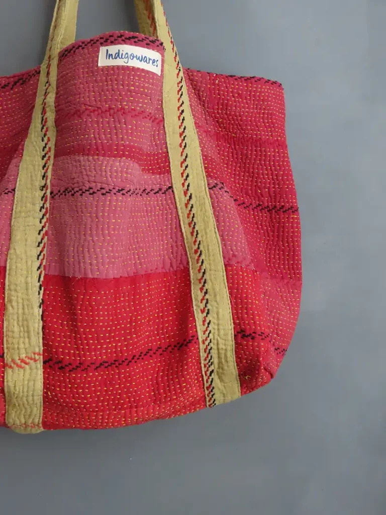 zoom in of kantha fabric tote bag