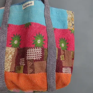 close up detail of kantha fabric tote bag
