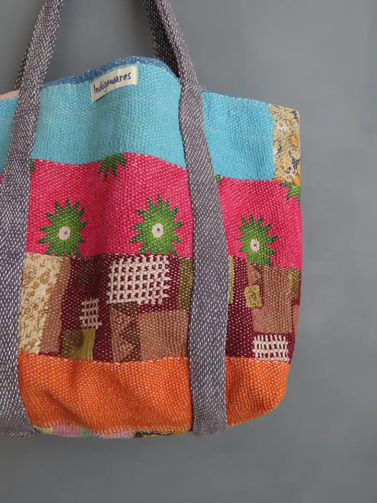 close up detail of kantha fabric tote bag